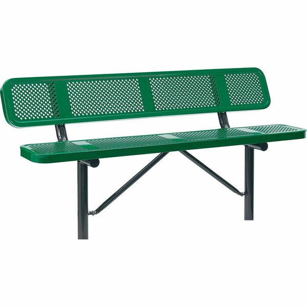 Global Industrial 6ft Outdoor Steel Bench w/ Backrest, Perforated Metal, In Ground Mount, Green 694557IGN